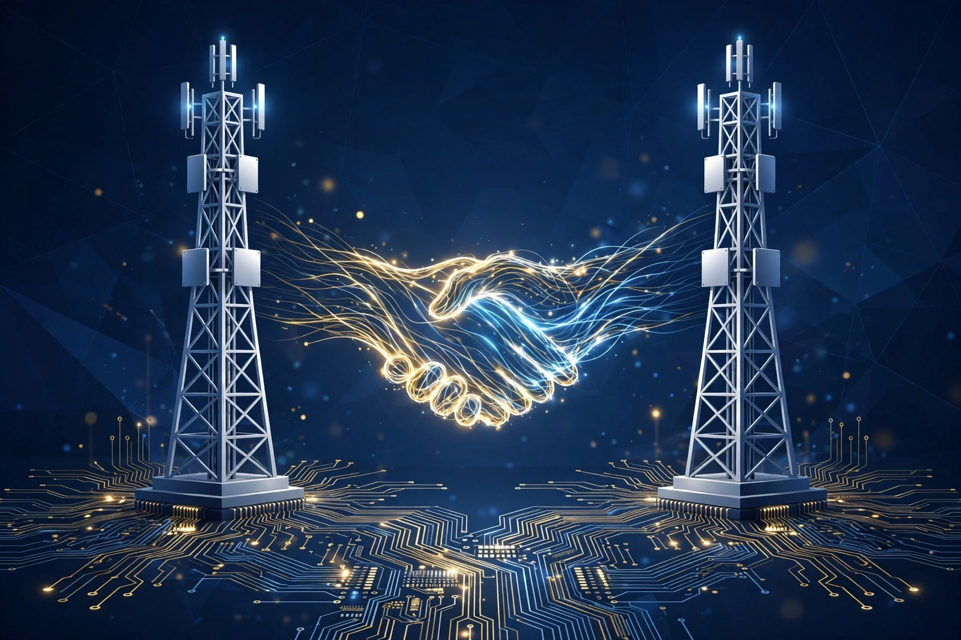 两座5G信号塔之间光线握手、电路板纹路,5G专利交叉许可题图 两座5G信号塔之间光线握手、电路板纹路,5G专利交叉许可题图